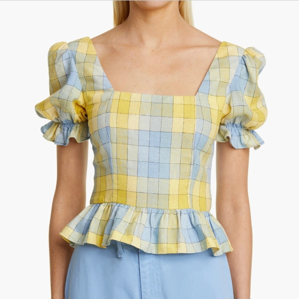 STAUD Dock Top in Coastal Blue Check Size 0 NWOT‎ Plaid Peplum Top Linen Blend